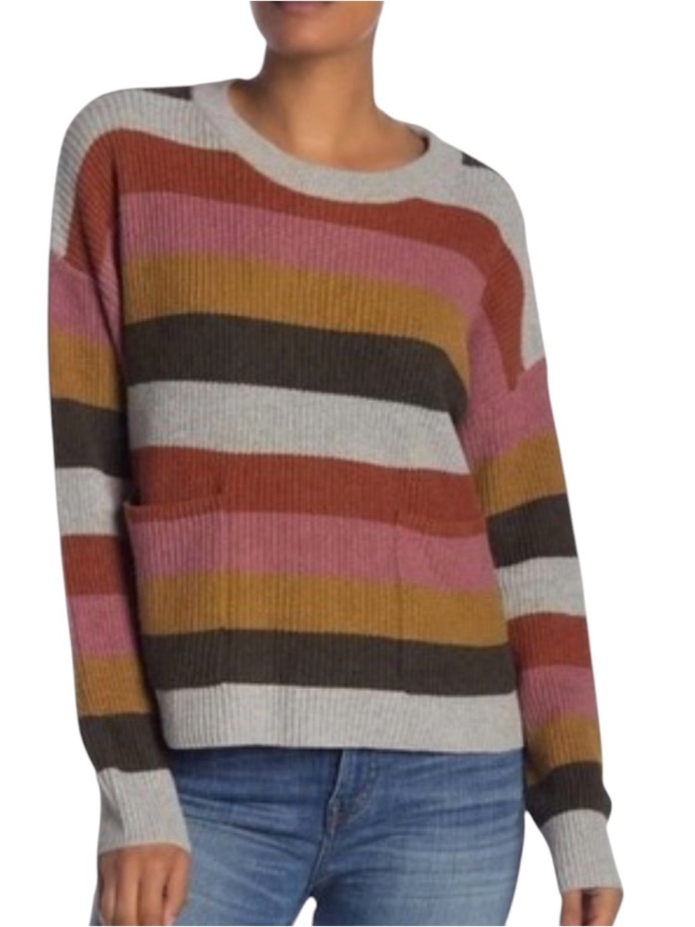 Madewell Striped Crewneck Sweater in Rust, Gray & Olive  Boho Sz XS